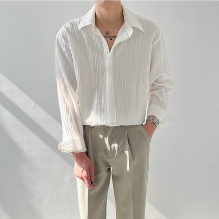 Men’s long sleeve shirt
Pleated button-up shirt
Formal textured shirt
Casual dress shirt for men
Elegant men’s fashion