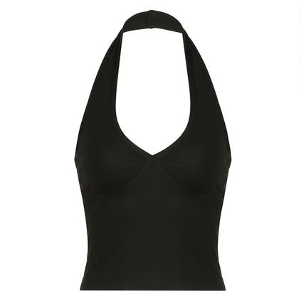 Top corto negro con escote halter y escote pronunciado: camiseta sexy sin mangas ajustada