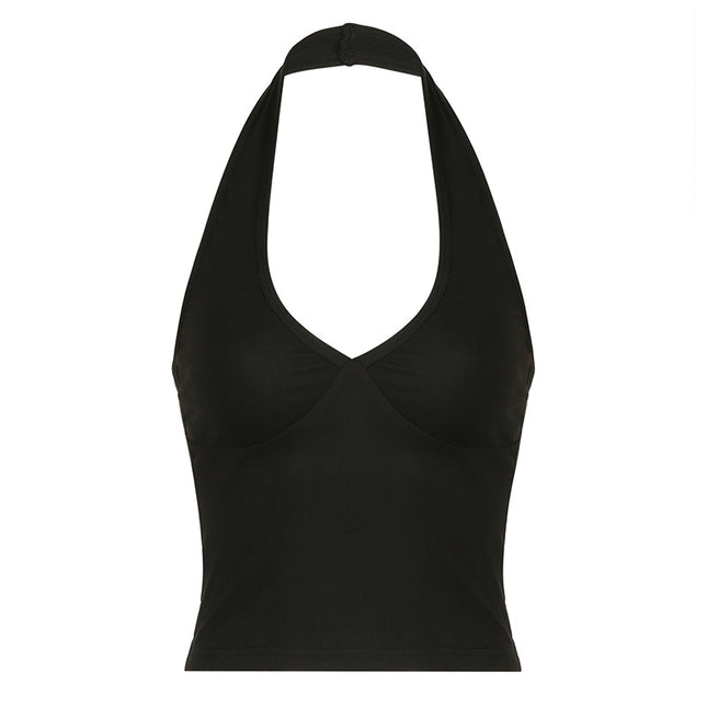 Top corto negro con escote halter y escote pronunciado: camiseta sexy sin mangas ajustada