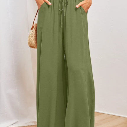 Drawstring Wide Leg Palazzo Pants - High Waisted Beach Trousers