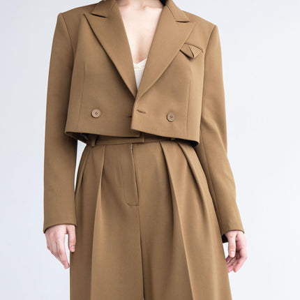 cropped blazer, wide-leg pants, women's suit set, 2 piece suit, tailored pants, high waist pants, blazer set women, neutral tone outfit, office co-ord set, short blazer jacket, fashion suit for women, poly-viscose suit, minimal chic clothing