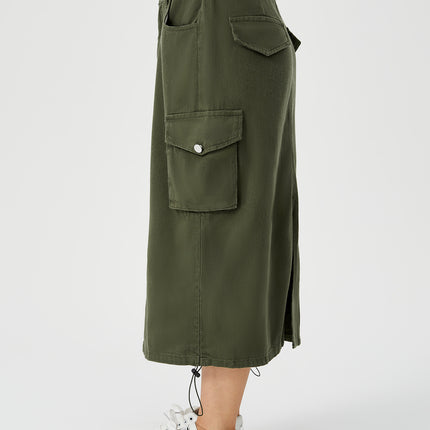 Cargo midi skirt
Women's utility skirt
Army green skirt
Streetwear skirts
High-waisted midi skirt