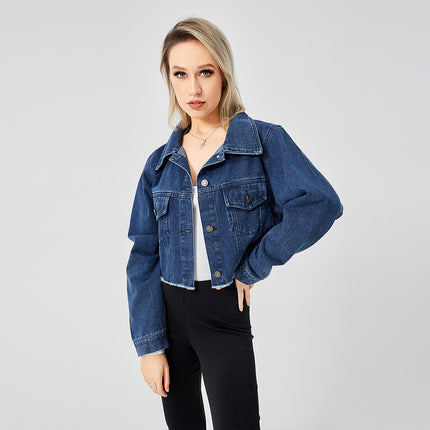 Women's cropped denim jacket
Dark wash jean jacket
Trendy short denim jacket
Casual streetwear jacket
Fashionable denim outerwear