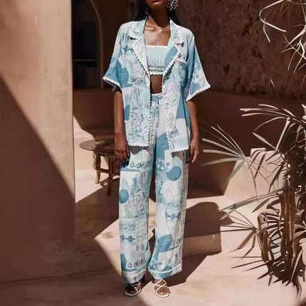 Boho-chic printed shirt and trousers set
Summer co-ord set for women
Wide-leg pants and button-down shirt
Elegant bohemian outfit
Lightweight vacation wear
Trendy summer matching set