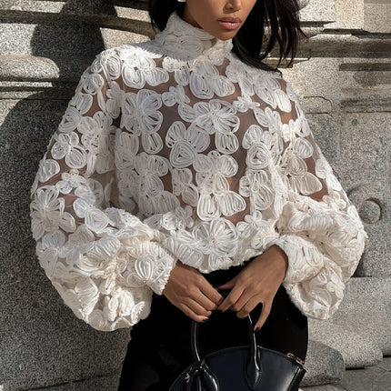 Sheer floral lace blouse
Elegant high neck top
3D embroidered blouse
Long sleeve statement blouse
Trendy women’s evening wear