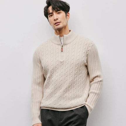 Men’s Gray Half-Zip Knitted Sweater | Cable Knit Pullover for Winter