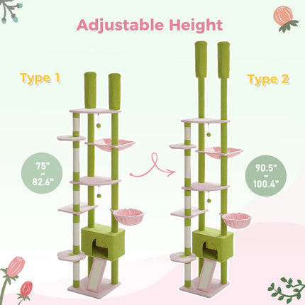 Cactus Cat Tree Floor to Ceiling Cat Tower – Adjustable Climbing, Scratching & Lounging Playhouse