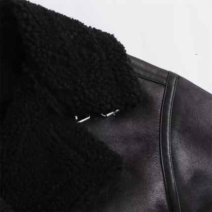 Women’s Faux Leather Shearling Jacket Warm Winter Biker Coat with Belt