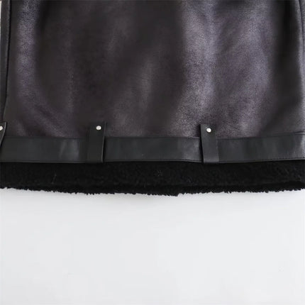 Women’s Faux Leather Shearling Jacket Warm Winter Biker Coat with Belt