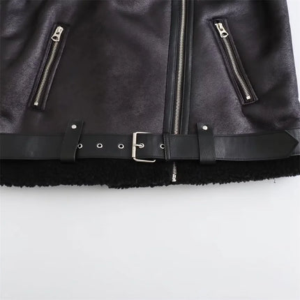 Women’s Faux Leather Shearling Jacket Warm Winter Biker Coat with Belt