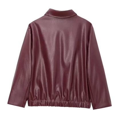 Women's Burgundy Faux Leather Zip Jacket | Minimalist PU Bomber Style