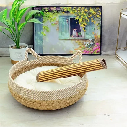 Handwoven Rattan Cat & small dogs Bed with Soft Cushion – Cozy, Durable & Washable