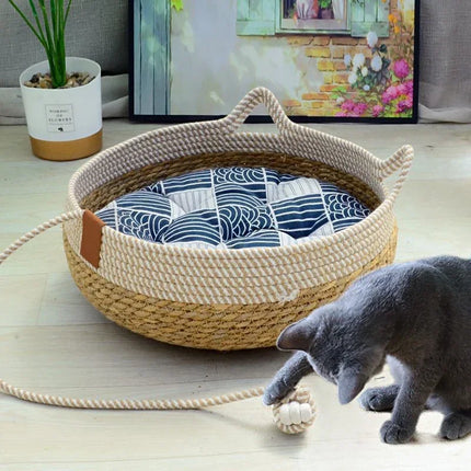 Handwoven Rattan Cat & small dogs Bed with Soft Cushion – Cozy, Durable & Washable