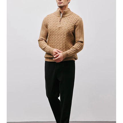 Men’s Gray Half-Zip Knitted Sweater | Cable Knit Pullover for Winter