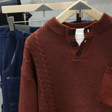 Men’s Half Button Knitted Sweater with Chest Pocket Warm Casual Winter Pullover
