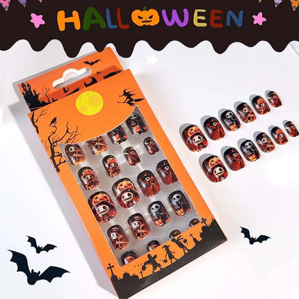 24Pcs Halloween Nails – Pumpkin Ghost Cartoon Fake Nails with Jelly Gel