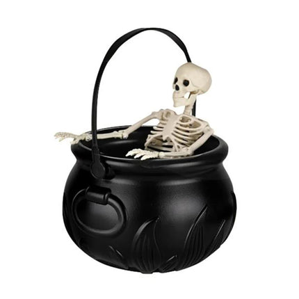 Halloween Smoking Witch Cauldron with Skeleton & Floating Potion Bottle, Green Fog Effect