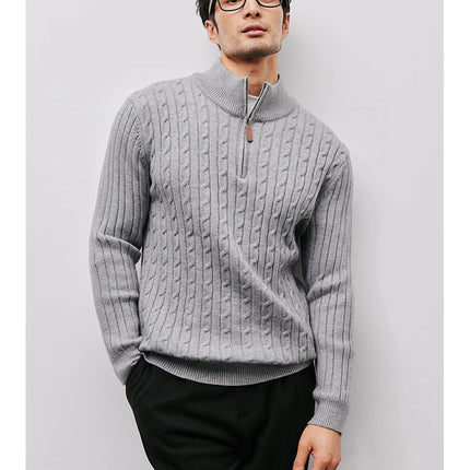 Men’s Gray Half-Zip Knitted Sweater | Cable Knit Pullover for Winter