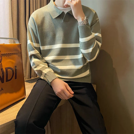 Men’s Striped Knit Polo Sweater | Casual Soft Pullover for Fall & Winter