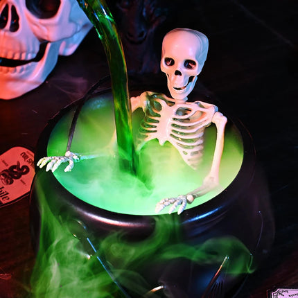 Halloween Smoking Witch Cauldron with Skeleton & Floating Potion Bottle, Green Fog Effect