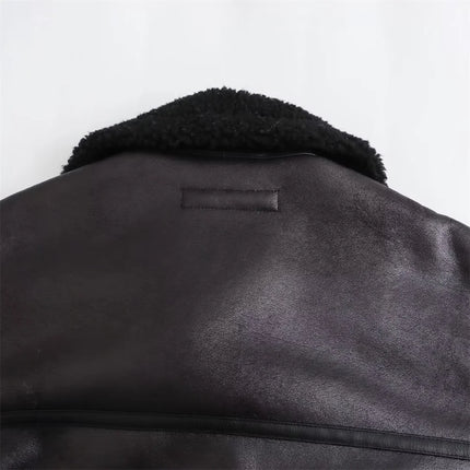 Women’s Faux Leather Shearling Jacket Warm Winter Biker Coat with Belt