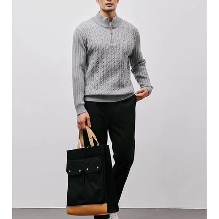 Men’s Gray Half-Zip Knitted Sweater | Cable Knit Pullover for Winter