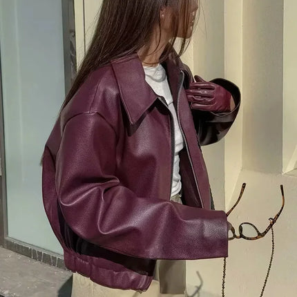 Women's Burgundy Faux Leather Zip Jacket | Minimalist PU Bomber Style