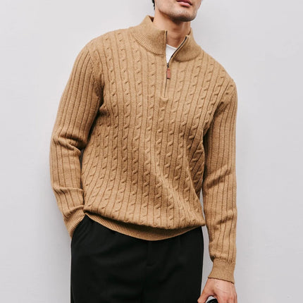 Men’s Gray Half-Zip Knitted Sweater | Cable Knit Pullover for Winter