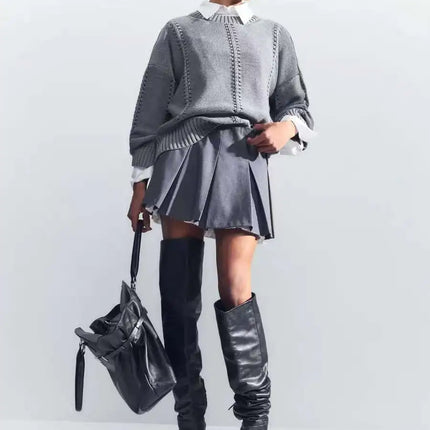 Chic Knit Sweater with White Collar Layered Look | Trendy Pleated Skirt Outfit