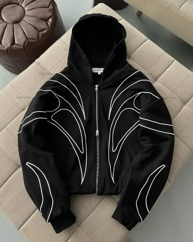 Men’s Black Streetwear Zip-Up Hoodie – Abstract White Line Graphic Hooded Jacket