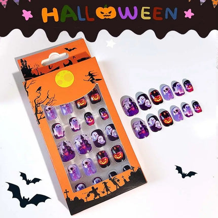 24Pcs Halloween Nails – Pumpkin Ghost Cartoon Fake Nails with Jelly Gel