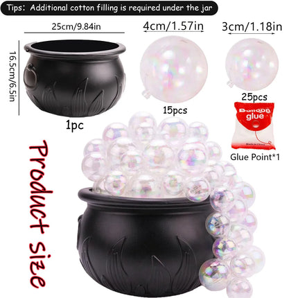 Black cauldron with white pearls, balloon glue, and measurement details on a white background