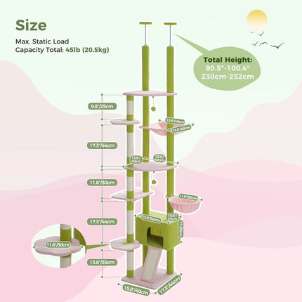 Cactus Cat Tree Floor to Ceiling Cat Tower – Adjustable Climbing, Scratching & Lounging Playhouse