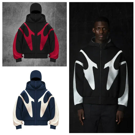 Hoodie with flame design in black, red, and white on a dark background