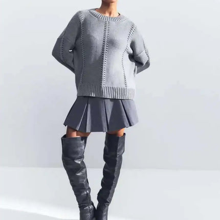 Chic Knit Sweater with White Collar Layered Look | Trendy Pleated Skirt Outfit