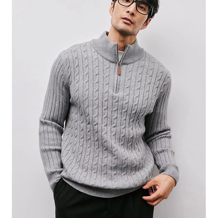 Men’s Gray Half-Zip Knitted Sweater | Cable Knit Pullover for Winter