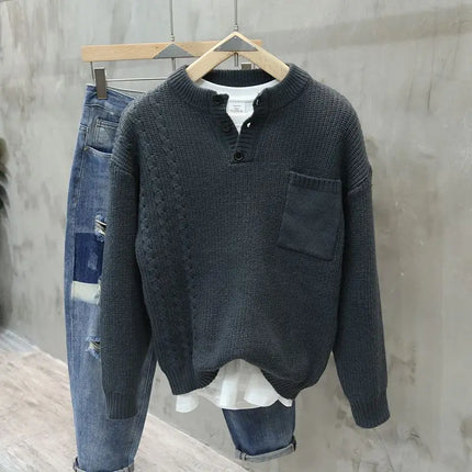 Men’s Half Button Knitted Sweater with Chest Pocket Warm Casual Winter Pullover