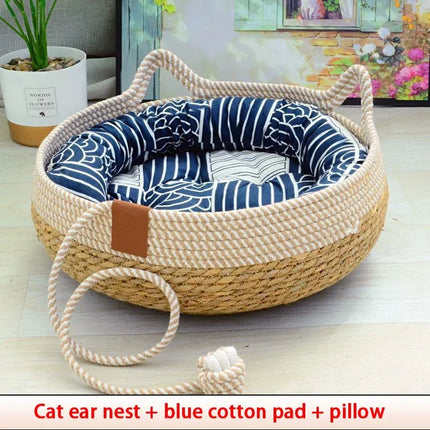 Handwoven Rattan Cat & small dogs Bed with Soft Cushion – Cozy, Durable & Washable