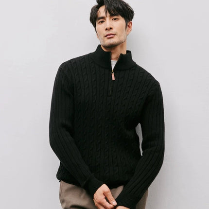Men’s Gray Half-Zip Knitted Sweater | Cable Knit Pullover for Winter