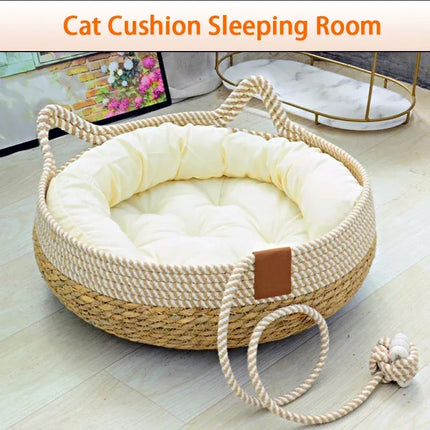 Handwoven Rattan Cat & small dogs Bed with Soft Cushion – Cozy, Durable & Washable