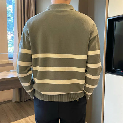 Men’s Striped Knit Polo Sweater | Casual Soft Pullover for Fall & Winter