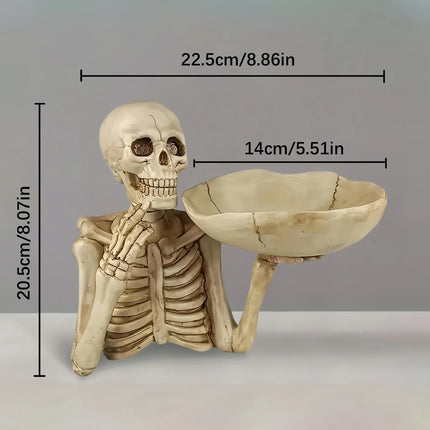 Skeletal figure holding a bowl with measurements on a gray background
