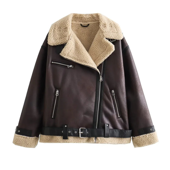 Women’s Faux Leather Shearling Jacket Warm Winter Biker Coat with Belt