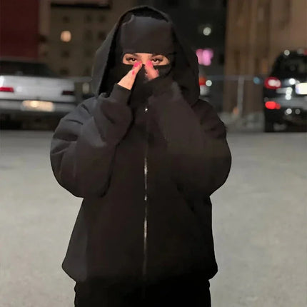 Unisex Balaclava Ninja Hoodie | Oversized Full Zip Streetwear Hoodie with Built-In Mask