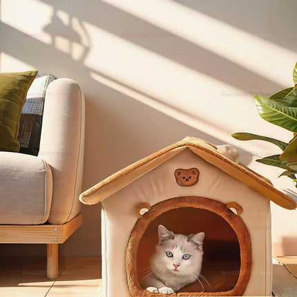 Cute Bear House Cat Bed – Soft & Cozy Indoor Pet House for Cats & Small Dogs