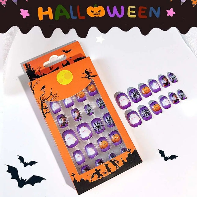 24Pcs Halloween Nails – Pumpkin Ghost Cartoon Fake Nails with Jelly Gel