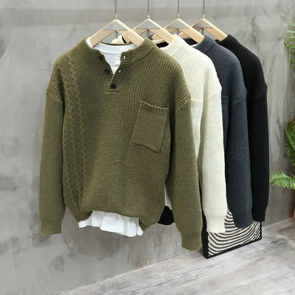 Men’s Half Button Knitted Sweater with Chest Pocket Warm Casual Winter Pullover