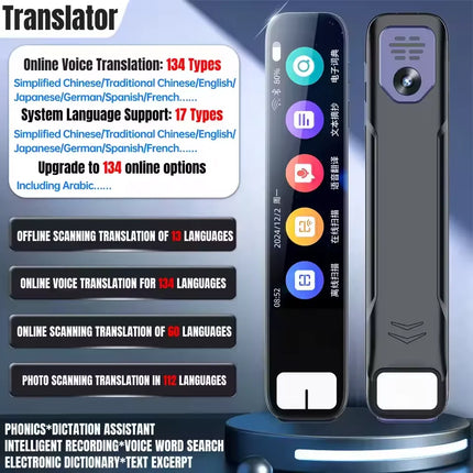 Multilingual translation device with text and icons on a blue background