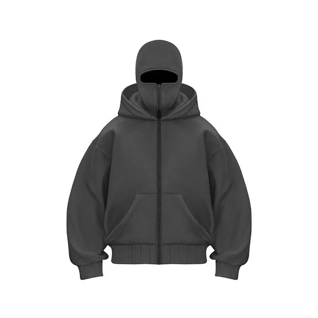 Unisex Balaclava Ninja Hoodie | Oversized Full Zip Streetwear Hoodie with Built-In Mask