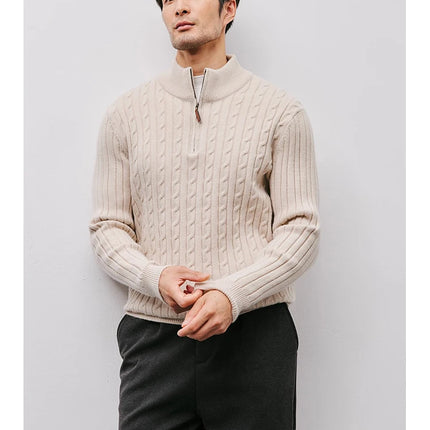 Men’s Gray Half-Zip Knitted Sweater | Cable Knit Pullover for Winter